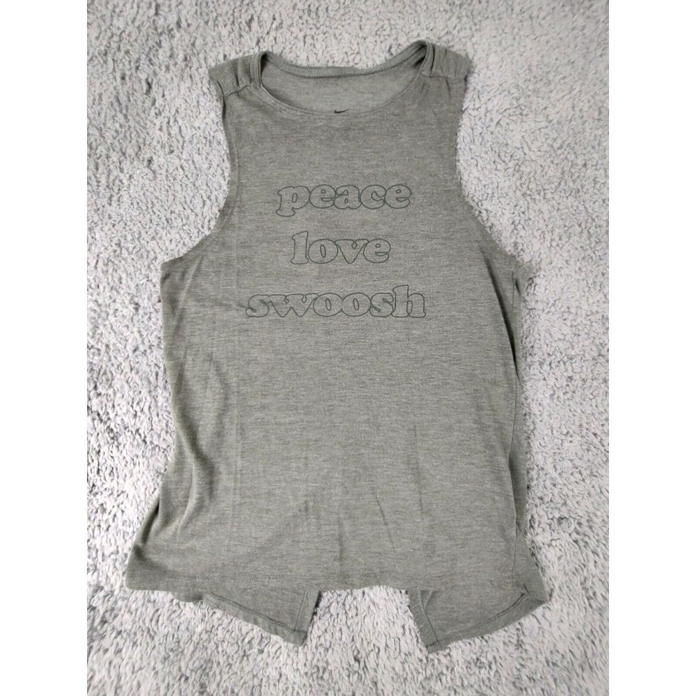 NIKE Shirt Peace Love Swoosh Women's XS Gray Tank Open Back Sleeveless